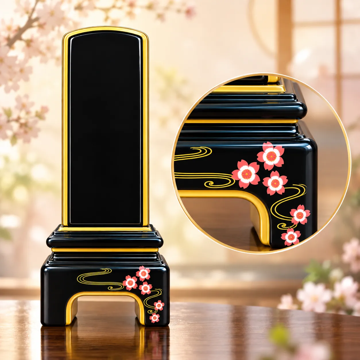 春の蒔絵位牌（桜デザイン）